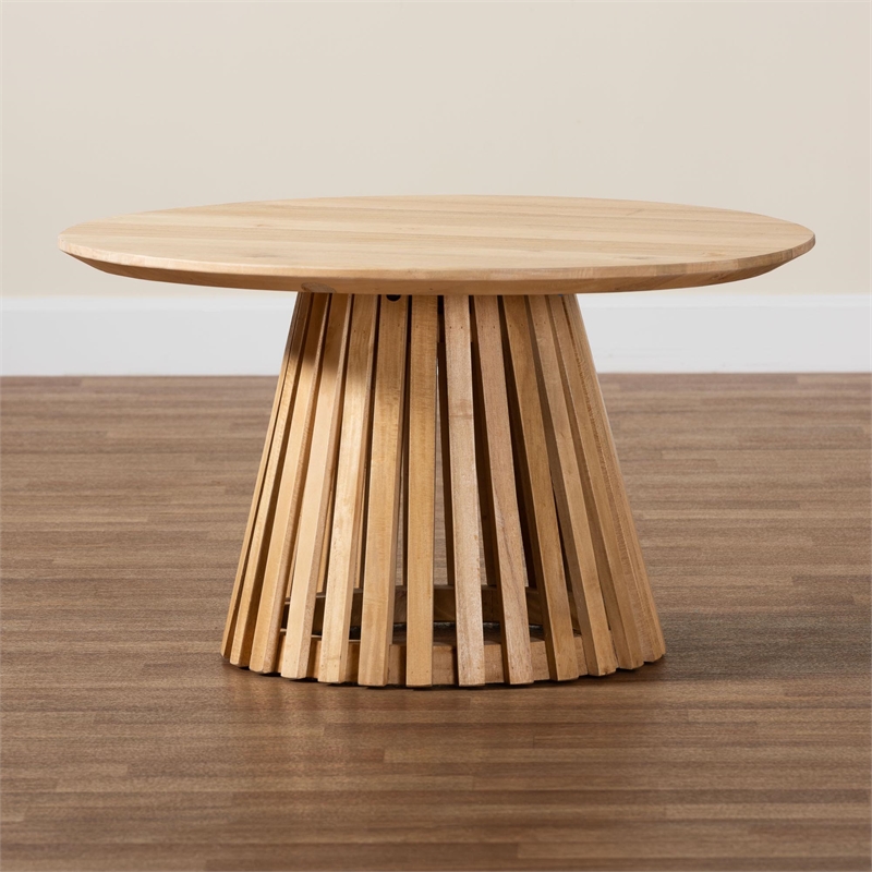 Pemberly Row Slatted Acacia Wood Round Pedestal Coffee Table