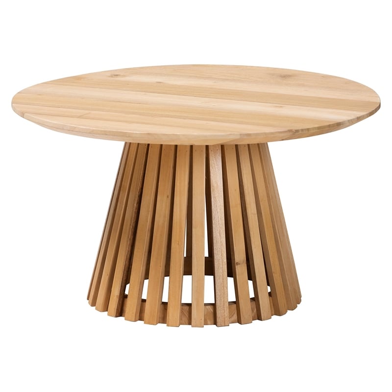 Pemberly Row Slatted Acacia Wood Round Pedestal Coffee Table