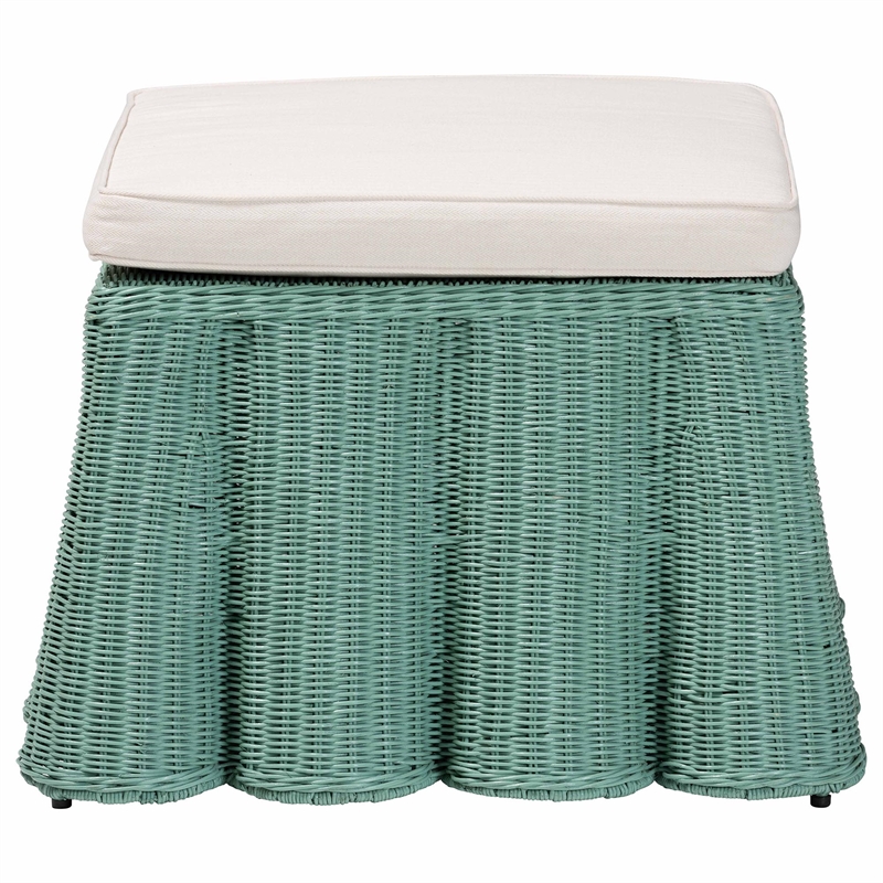 Pemberly Row Seafoam Green Scalloped Rattan Square Ottoman with Cushion