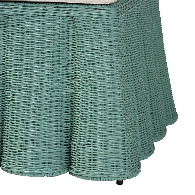 Pemberly Row Seafoam Green Scalloped Rattan Square Ottoman with Cushion