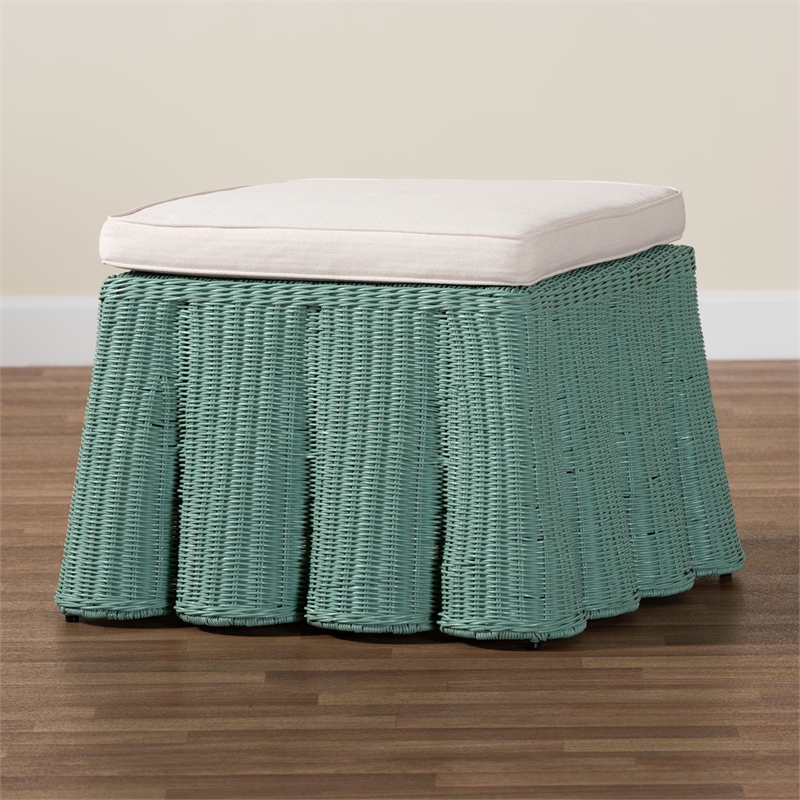 Pemberly Row Seafoam Green Scalloped Rattan Square Ottoman with Cushion