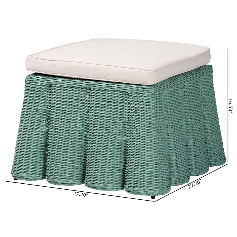 Pemberly Row Seafoam Green Scalloped Rattan Square Ottoman with Cushion