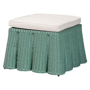 Pemberly Row Seafoam Green Scalloped Rattan Square Ottoman with Cushion