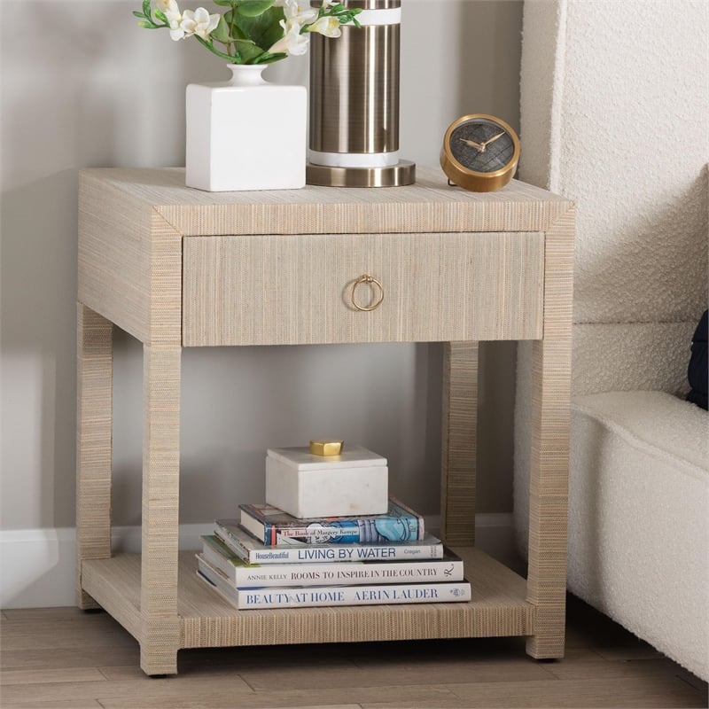 Pemberly Row Woven Grasscloth 1-Drawer Nightstand with Ring Pull