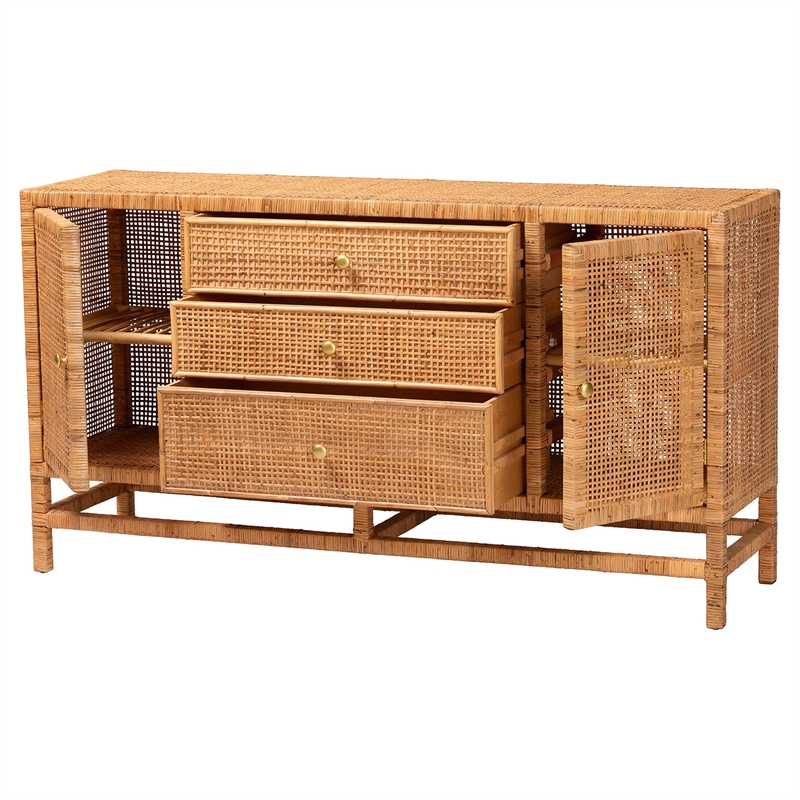 Pemberly Row Honey Rattan and Mahogany Wood 3-Drawer Storage Cabinet