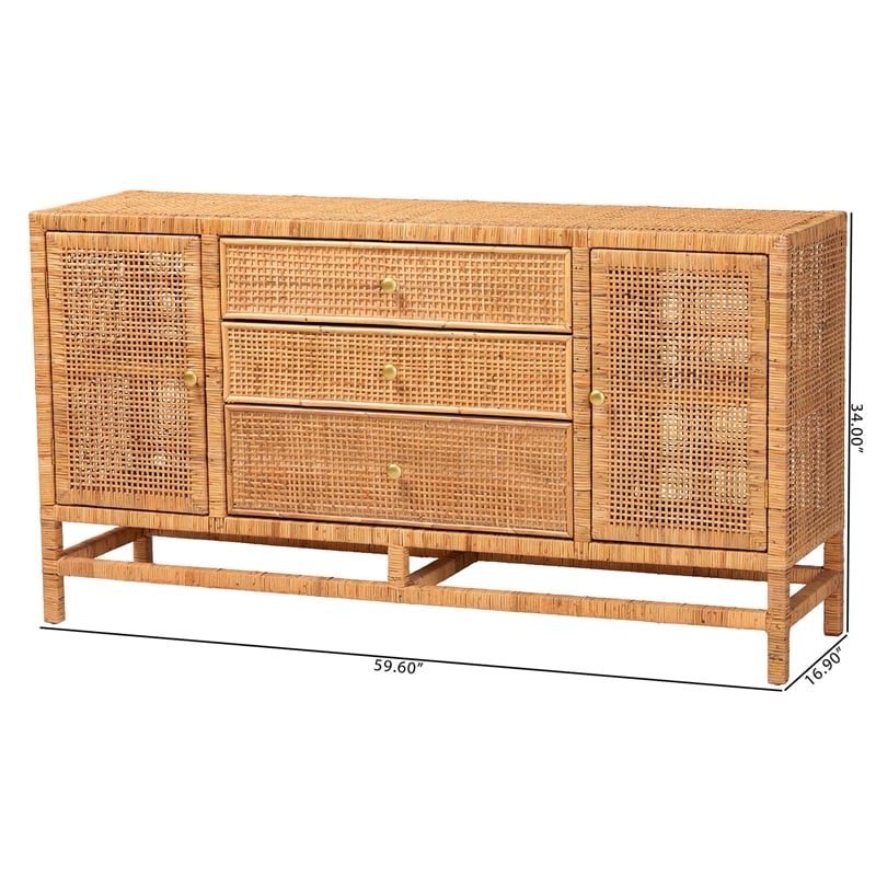 Pemberly Row Honey Rattan and Mahogany Wood 3-Drawer Storage Cabinet
