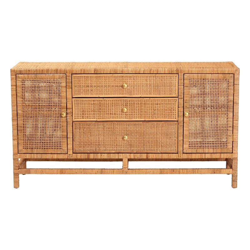 Pemberly Row Honey Rattan and Mahogany Wood 3-Drawer Storage Cabinet