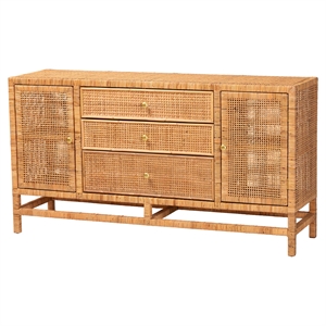 Pemberly Row Honey Rattan and Mahogany Wood 3-Drawer Storage Cabinet