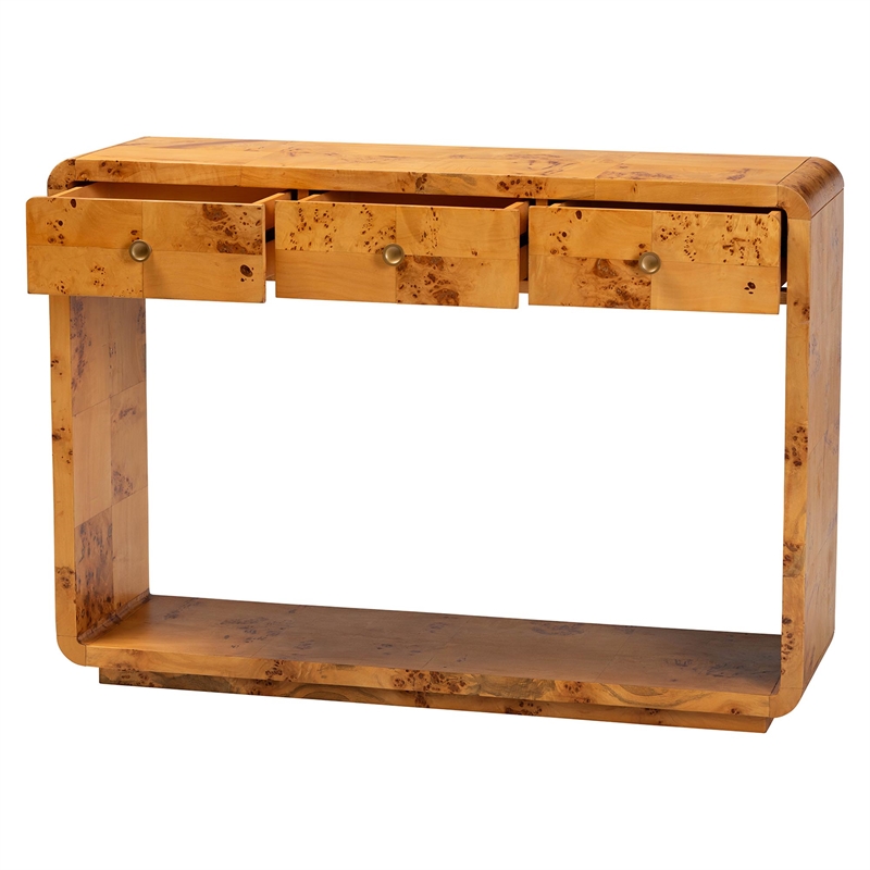 Pemberly Row Contemporary Natural Real Burl Wood 3-Drawer Console Table