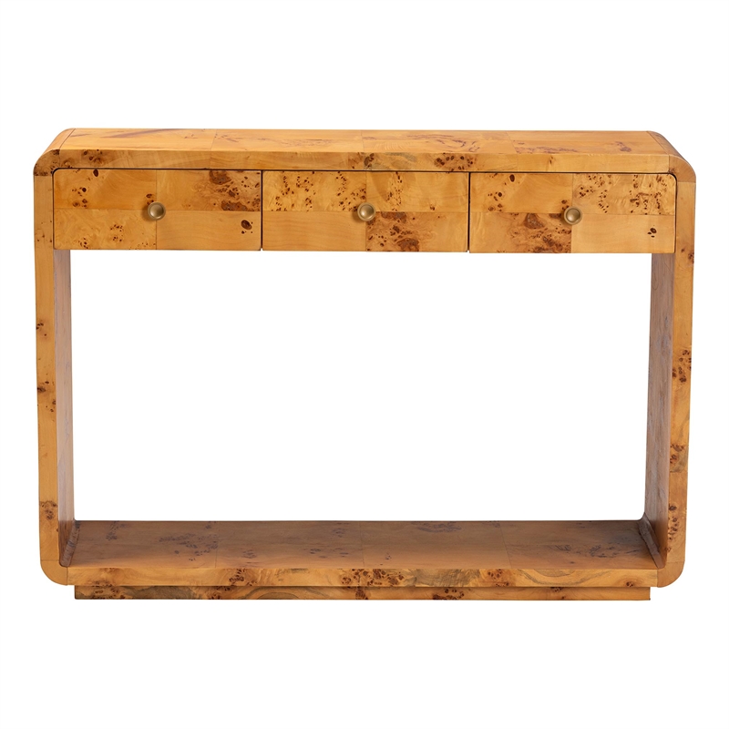 Pemberly Row Contemporary Natural Real Burl Wood 3-Drawer Console Table