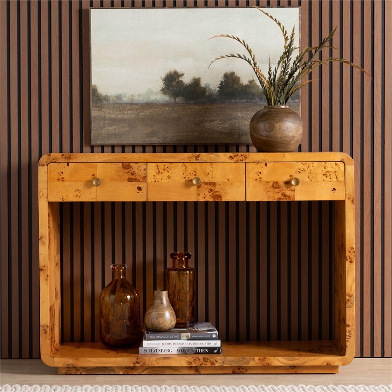 Pemberly Row Contemporary Natural Real Burl Wood 3-Drawer Console Table
