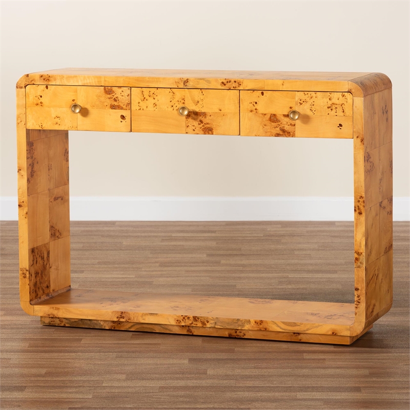 Pemberly Row Contemporary Natural Real Burl Wood 3-Drawer Console Table