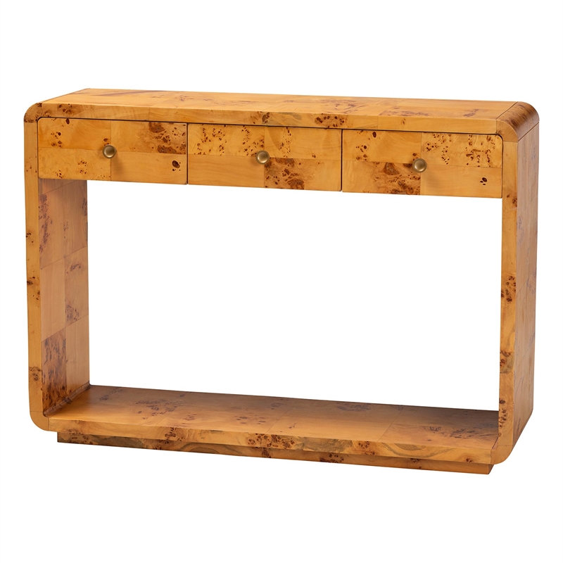 Pemberly Row Contemporary Natural Real Burl Wood 3-Drawer Console Table