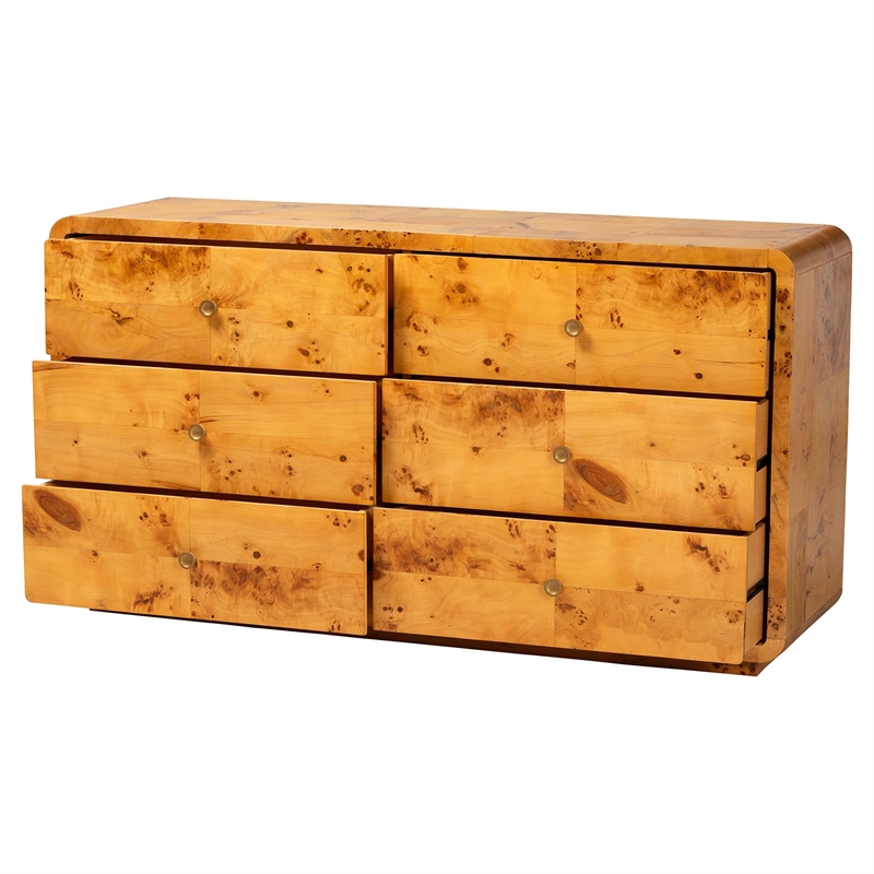 Pemberly Row Natural Real Burl Wood 6-Drawer Dresser with Metal Pulls