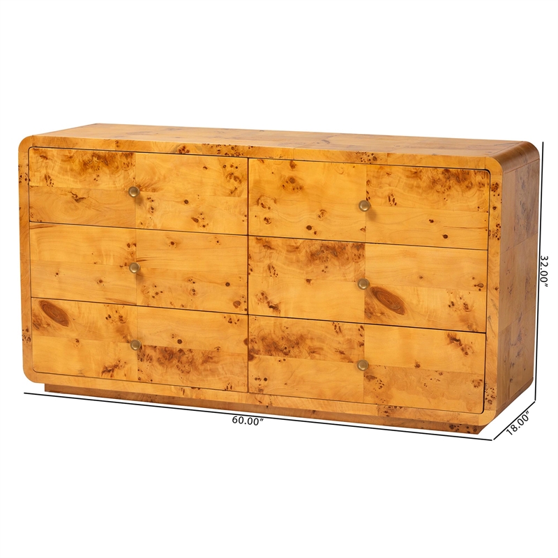 Pemberly Row Natural Real Burl Wood 6-Drawer Dresser with Metal Pulls