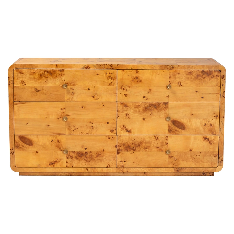 Pemberly Row Natural Real Burl Wood 6-Drawer Dresser with Metal Pulls
