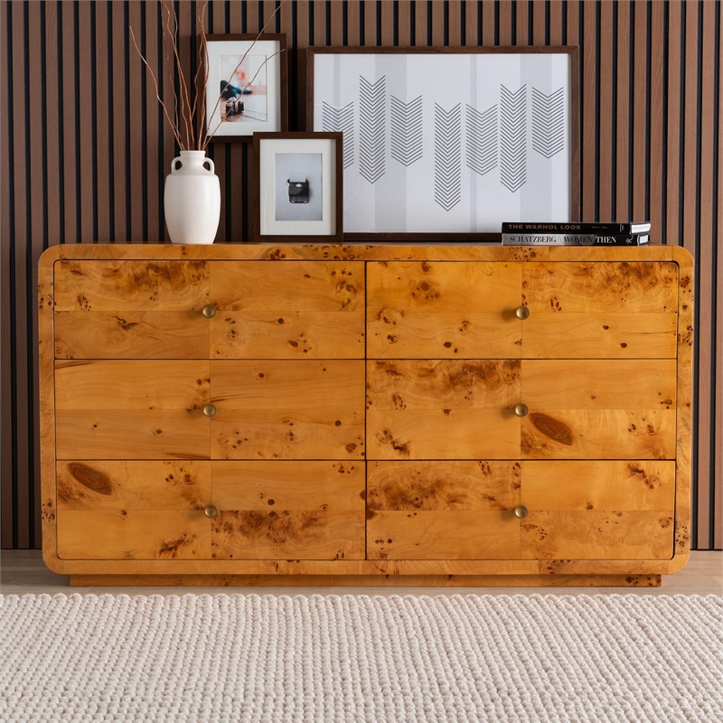 Pemberly Row Natural Real Burl Wood 6-Drawer Dresser with Metal Pulls