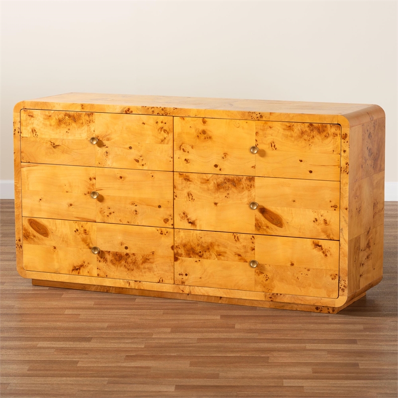 Pemberly Row Natural Real Burl Wood 6-Drawer Dresser with Metal Pulls