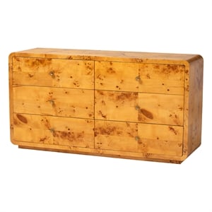 Pemberly Row Natural Real Burl Wood 6-Drawer Dresser with Metal Pulls