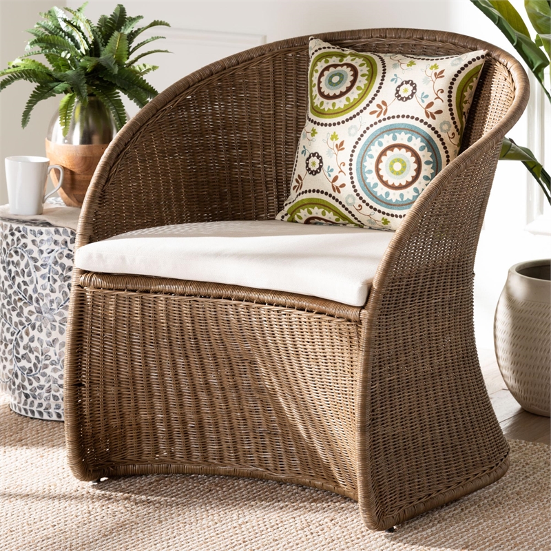 Pemberly Row Contemporary Greywashed Rattan Accent Chair with Cushion