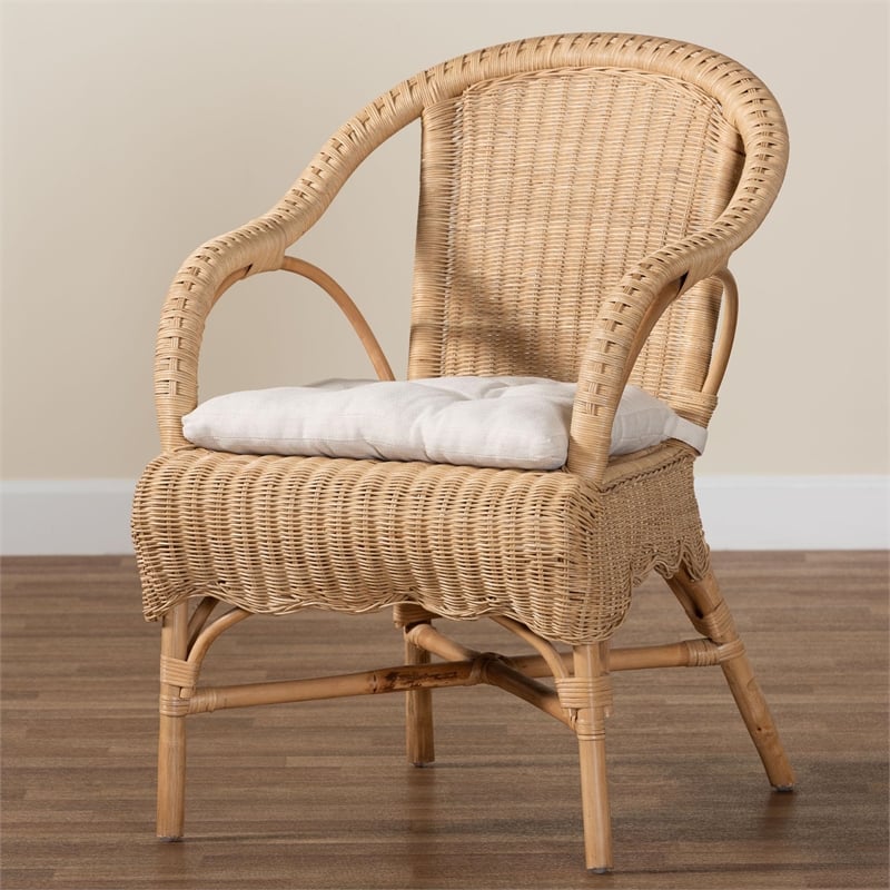 Pemberly Row Natural Rattan Scalloped Dining Chair with Cushion