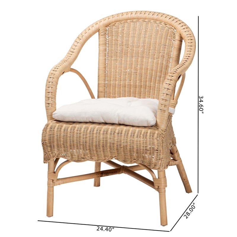 Pemberly Row Natural Rattan Scalloped Dining Chair with Cushion
