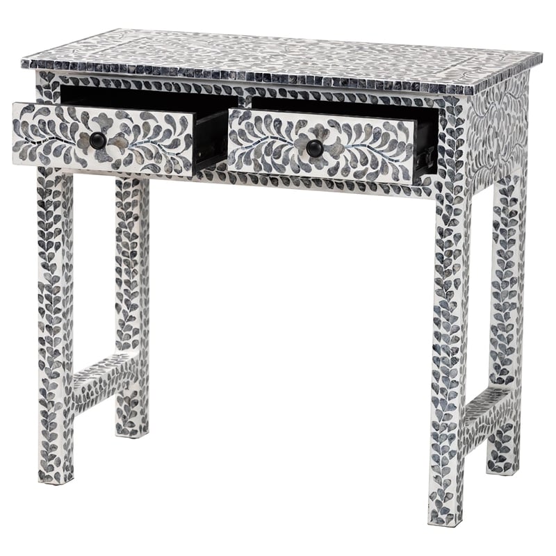 Pemberly Row Black and White Capiz Shell 2-Drawer Floral Console Table
