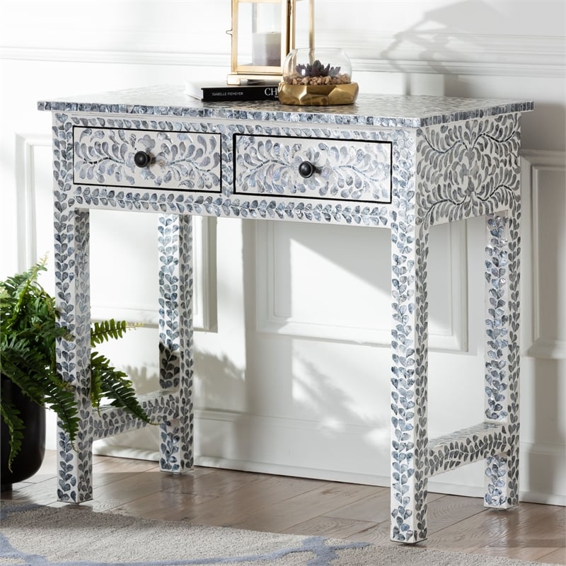 Pemberly Row Black and White Capiz Shell 2-Drawer Floral Console Table