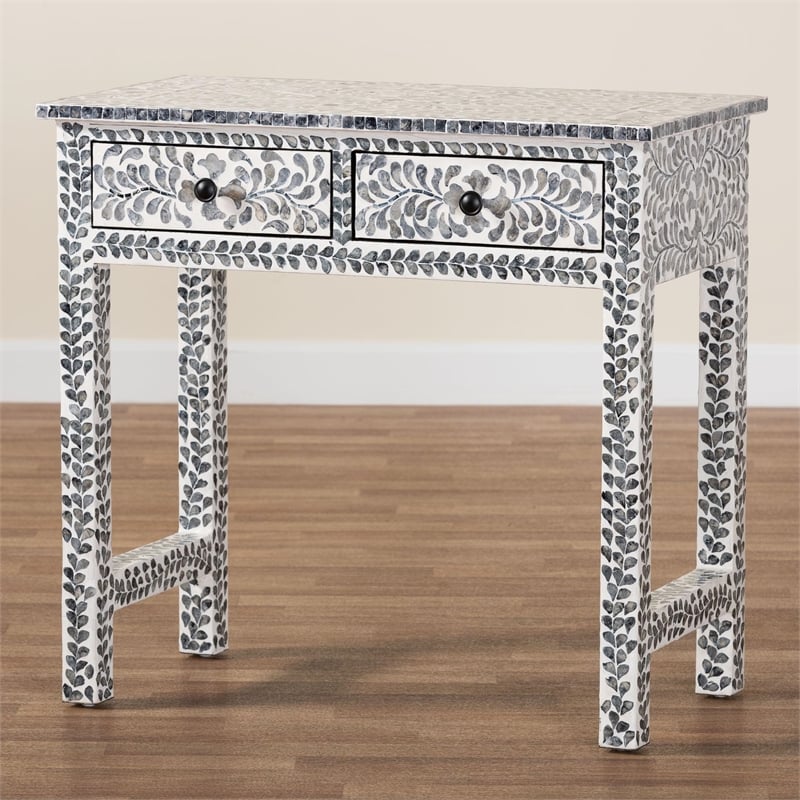 Pemberly Row Black and White Capiz Shell 2-Drawer Floral Console Table
