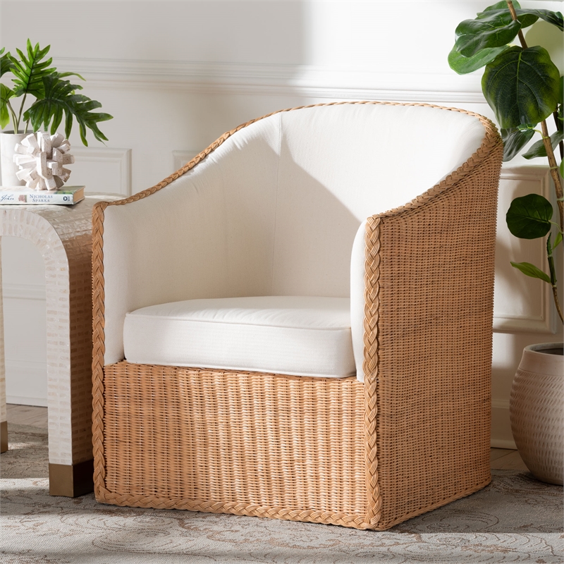 Pemberly Row Light Honey Rattan Arm Chair with Braided Detail