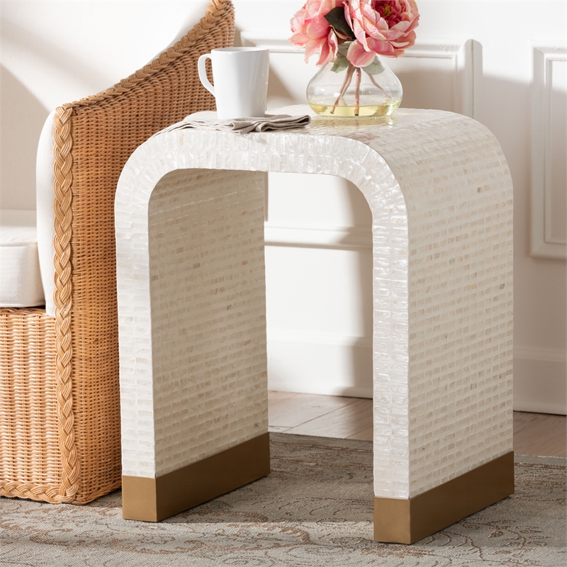 Pemberly Row Beige and White Capiz Shell Waterfall End Table