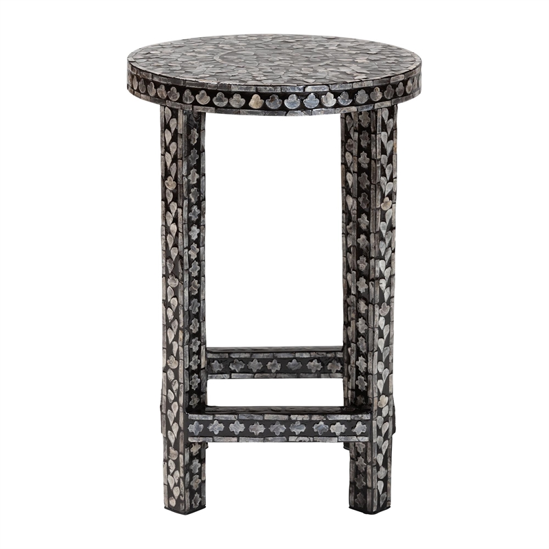 Pemberly Row Black and White Capiz Shell Round Floral End Table