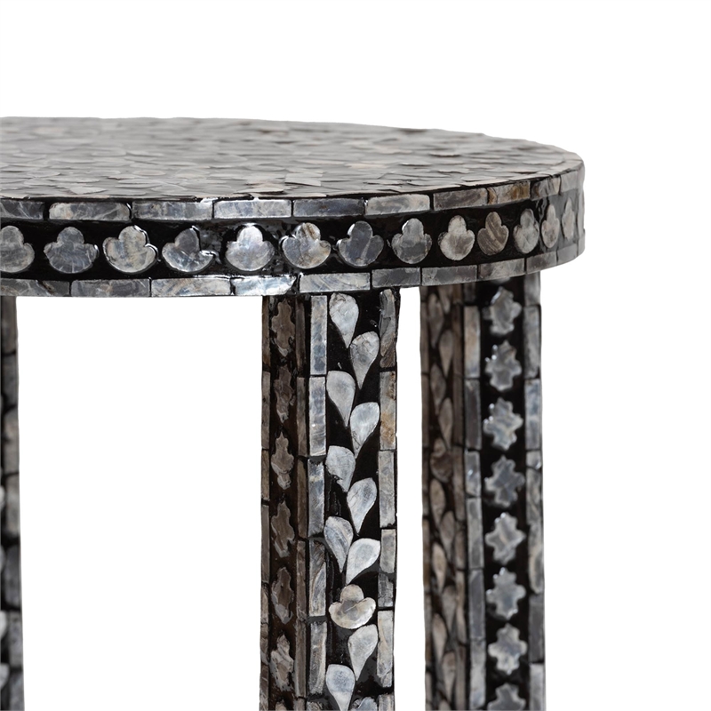 Pemberly Row Black and White Capiz Shell Round Floral End Table