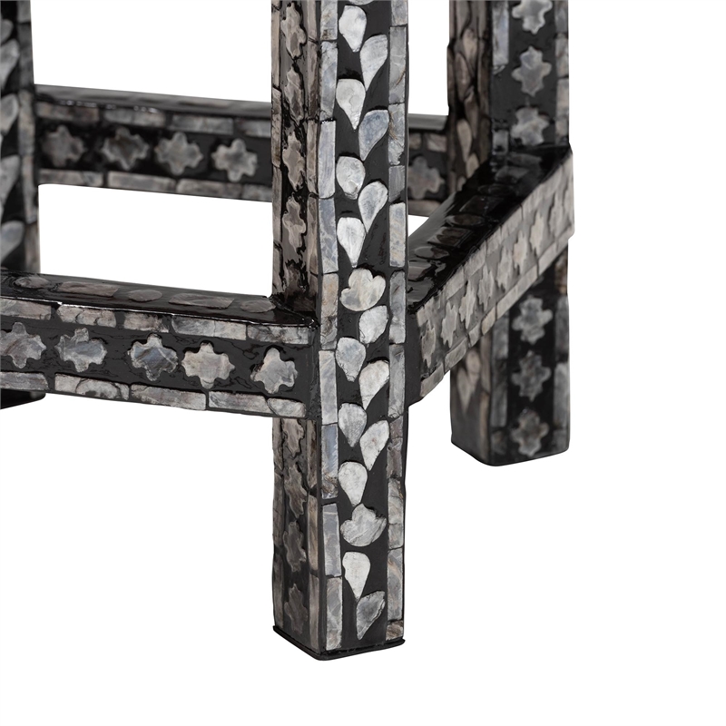 Pemberly Row Black and White Capiz Shell Round Floral End Table