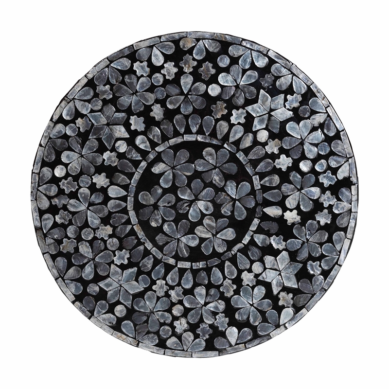 Pemberly Row Black and White Capiz Shell Round Floral End Table