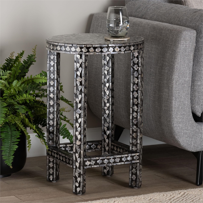 Pemberly Row Black and White Capiz Shell Round Floral End Table