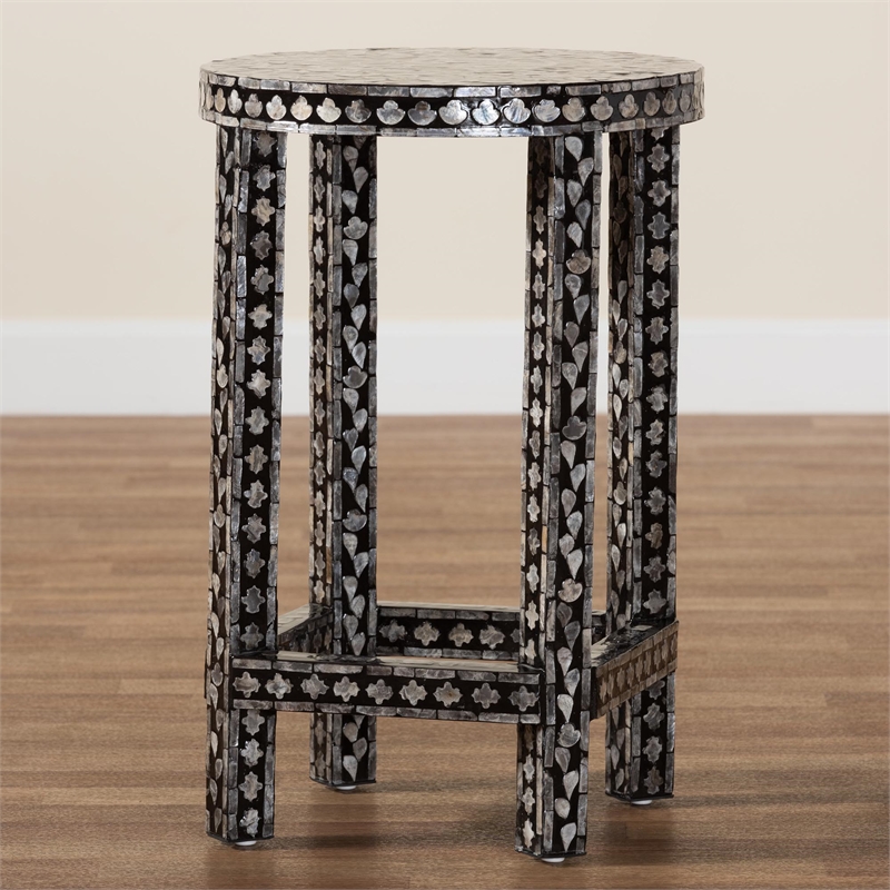 Pemberly Row Black and White Capiz Shell Round Floral End Table