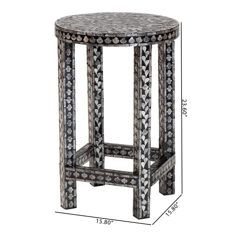 Pemberly Row Black and White Capiz Shell Round Floral End Table
