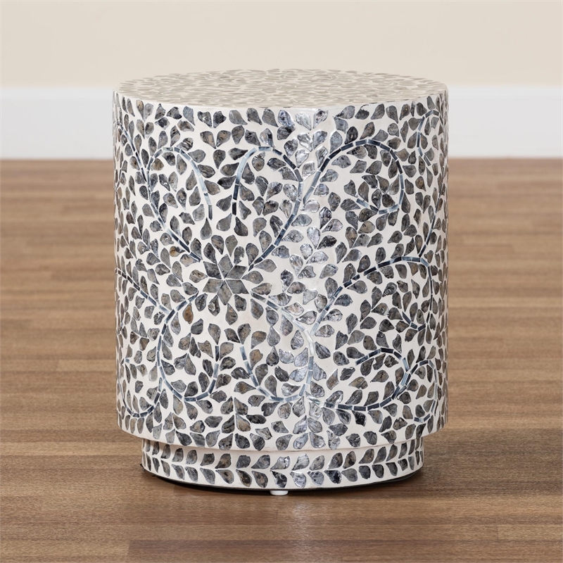 Pemberly Row Black and White Capiz Shell Round Ottoman Footstool