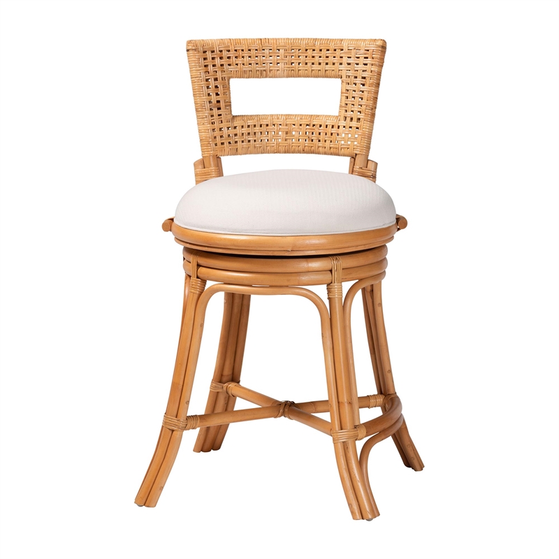 Pemberly Row Natural Rattan Swivel Counter Stool with Cushion