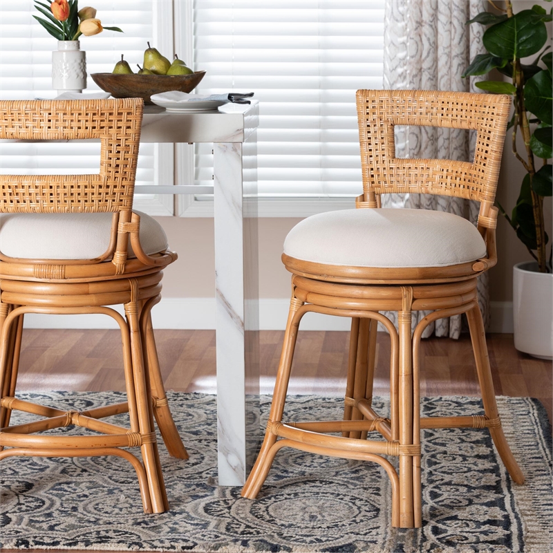 Pemberly Row Natural Rattan Swivel Counter Stool with Cushion