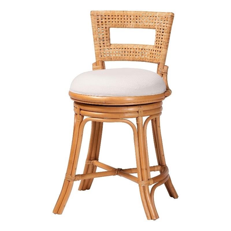 Pemberly Row Natural Rattan Swivel Counter Stool with Cushion