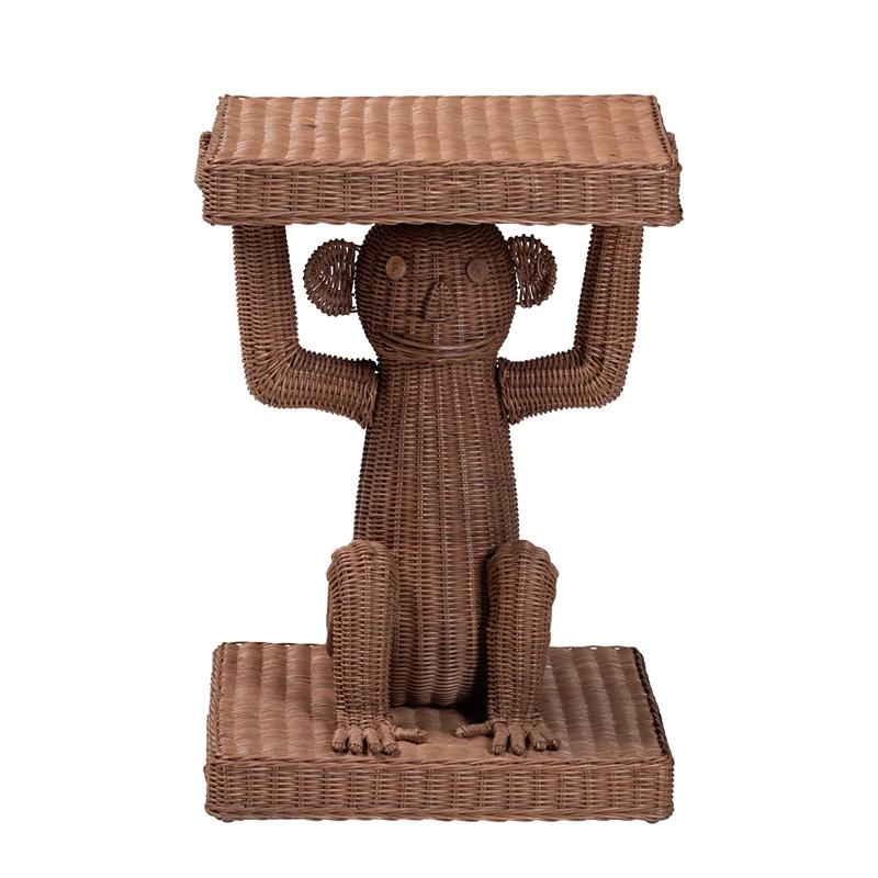 Pemberly Row Handwoven Rattan Monkey Sculptural Accent End Table