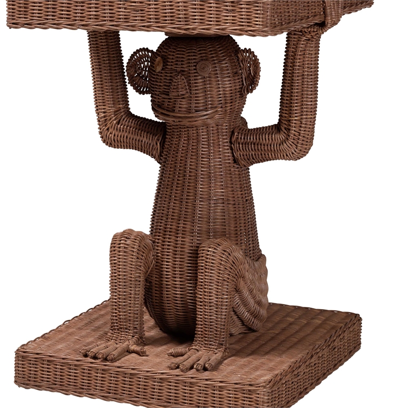 Pemberly Row Handwoven Rattan Monkey Sculptural Accent End Table