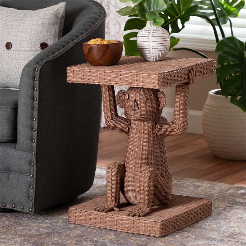 Pemberly Row Handwoven Rattan Monkey Sculptural Accent End Table