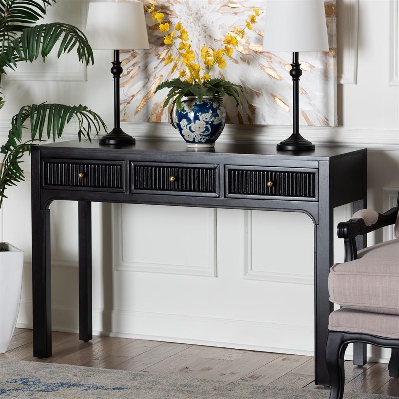 Pemberly Row Fluted Wood 3-Drawer Console Table with Round Knobs