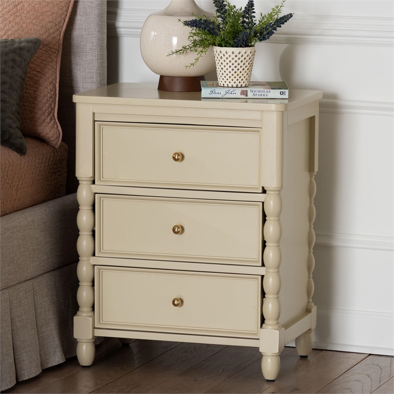 Pemberly Row Spindle Leg 3-Drawer Nightstand with Inset Paneling