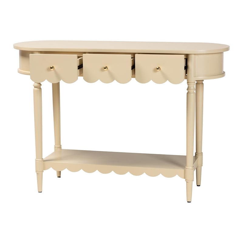 Pemberly Row Scalloped 3-Drawer Console Table with Oval Tabletop