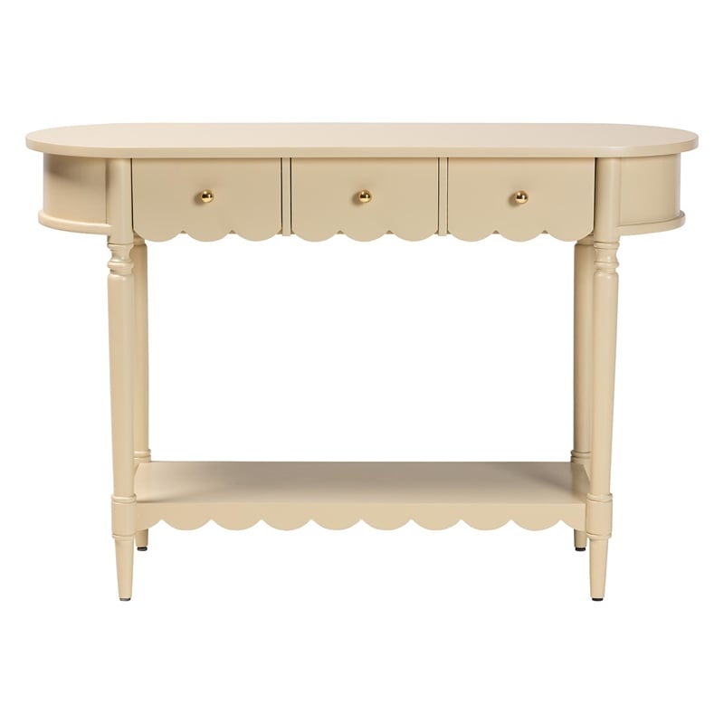 Pemberly Row Scalloped 3-Drawer Console Table with Oval Tabletop