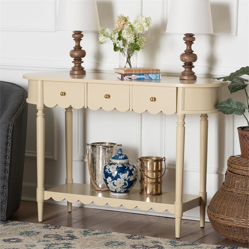 Pemberly Row Scalloped 3-Drawer Console Table with Oval Tabletop